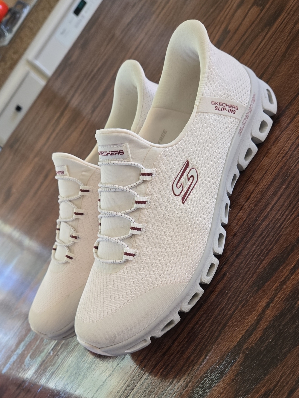 Skechers Women's Slip-Ins Knit Sneakers in Light Pink with Maroon Accents